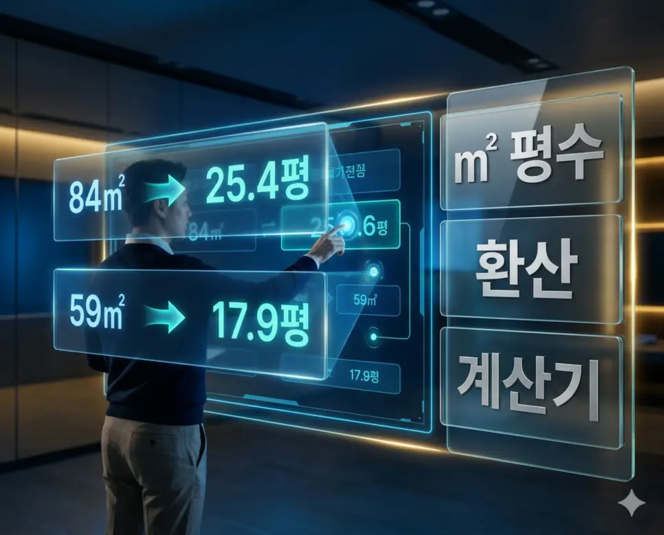 공급면적 전용면적 계산기 (아파트 오피스텔 빌라 전용률 비교) 4 제곱미터를 평수로 환산하는 홀로그램 계산기 시각화 이미지