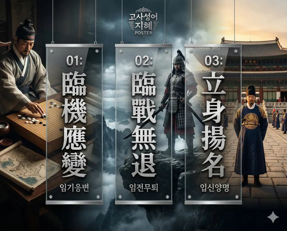 임기응변, 임전무퇴, 입신양명의 뜻과 핵심을 담은 세련된 영화 포스터 스타일의 고사성어 인포그래픽