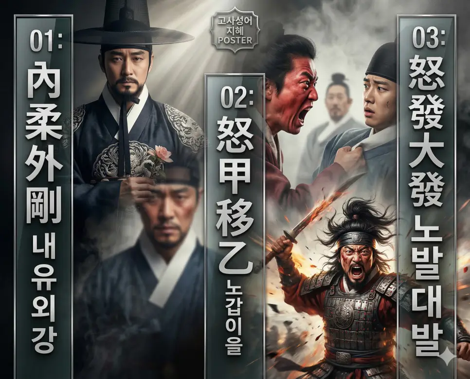 내유외강 뜻, 노갑이을 뜻, 노발대발 뜻: 부드러움 속의 강함과 엉뚱한 화풀이, 극심한 분노의 지혜 정리 4 내유외강, 노갑이을, 노발대발의 뜻과 핵심 지혜를 담은 세련된 영화 포스터 스타일의 고사성어 인포그래픽