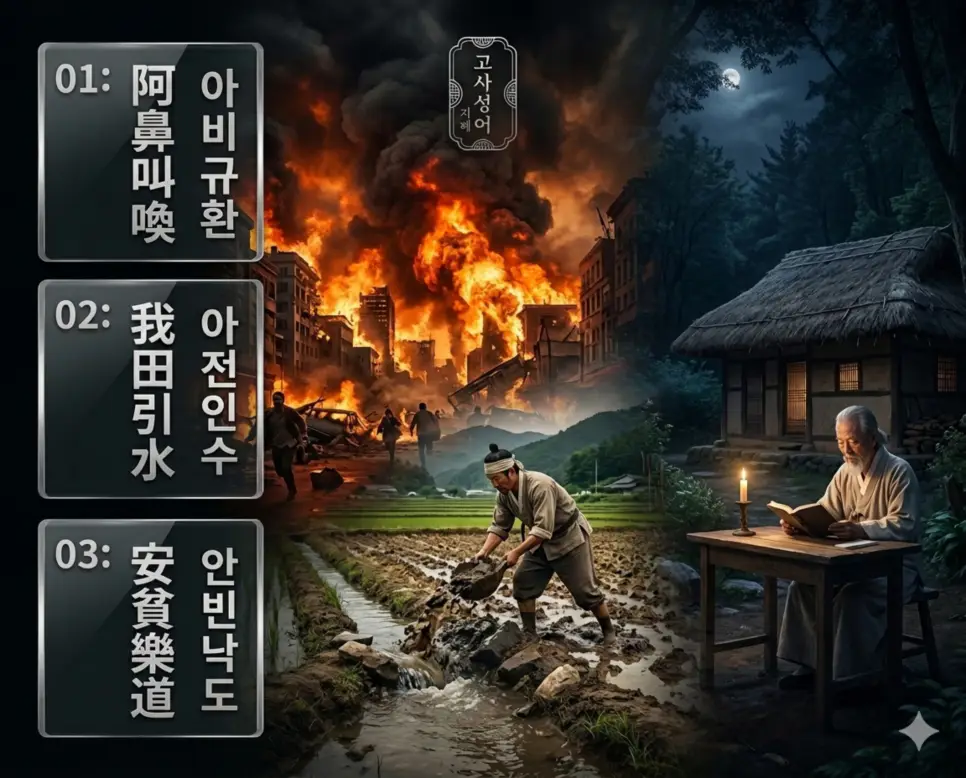 아비규환, 아전인수, 안빈낙도의 뜻과 핵심을 담은 세련된 영화 포스터 스타일의 FAQ 인포그래픽