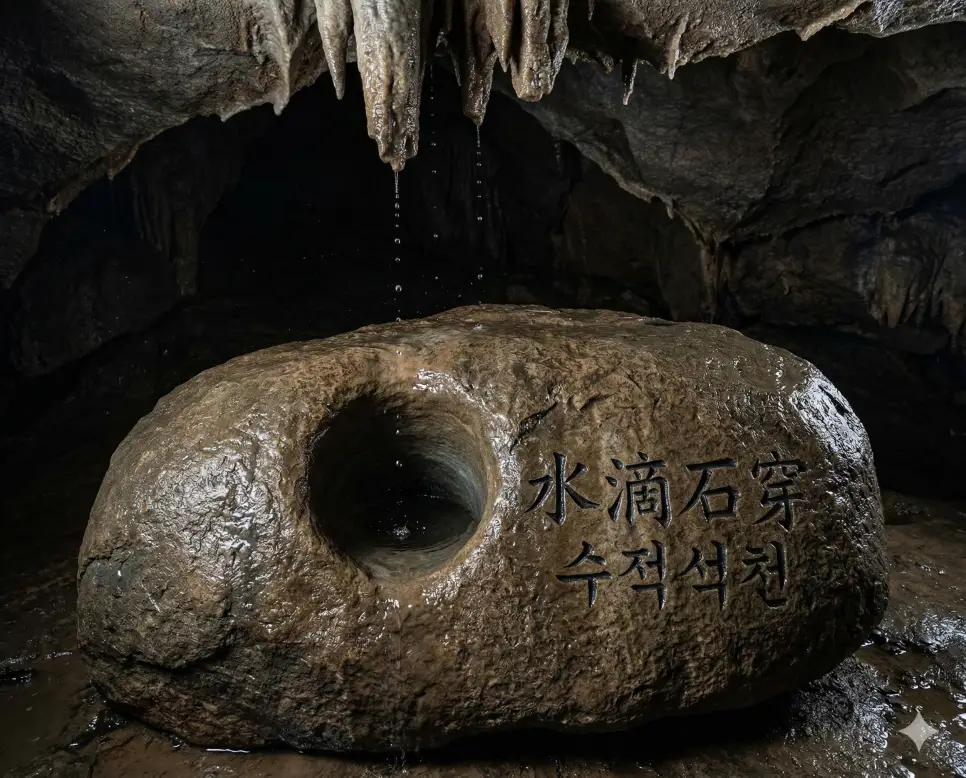 수적석천(水滴石穿) 뜻 – 물방울이 돌을 뚫는다는 뜻으로 끈기 있는 노력을 의미하며, 바위에 구멍을 내는 끊임없는 물방울의 경이롭고 사실적인 이미지