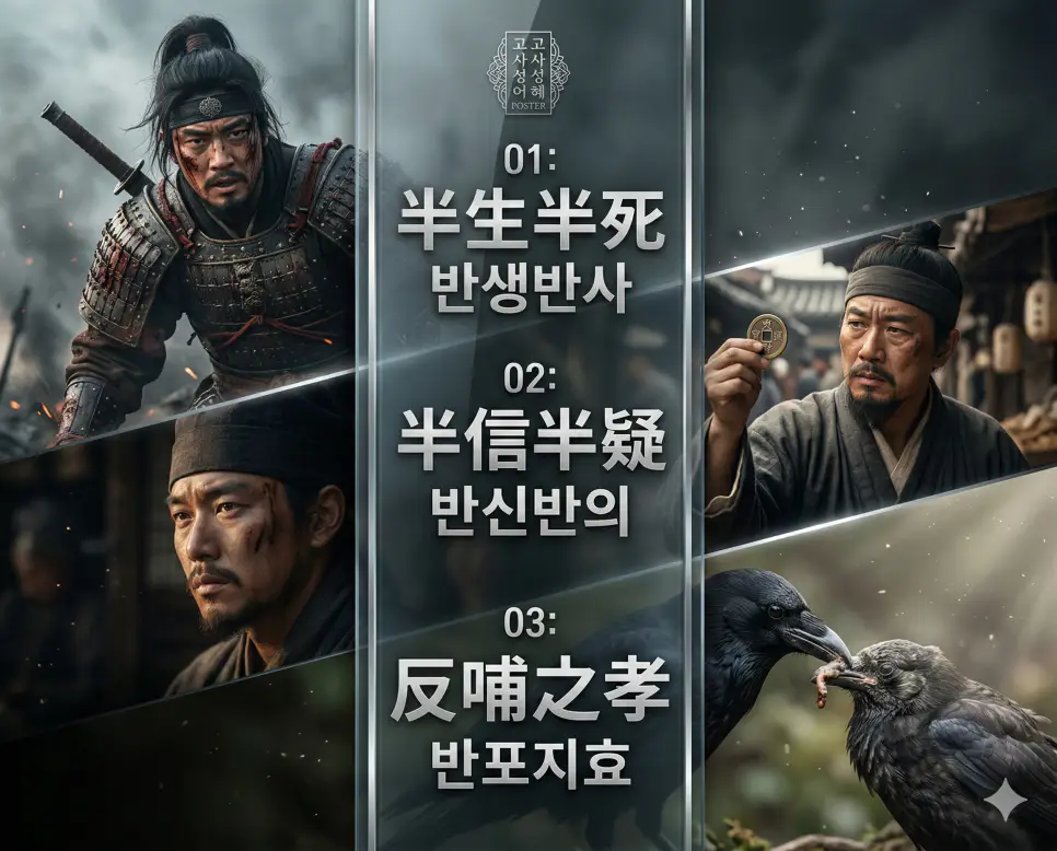 반생반사, 반신반의, 반포지효의 뜻과 핵심을 담은 세련된 영화 포스터 스타일의 FAQ 인포그래픽