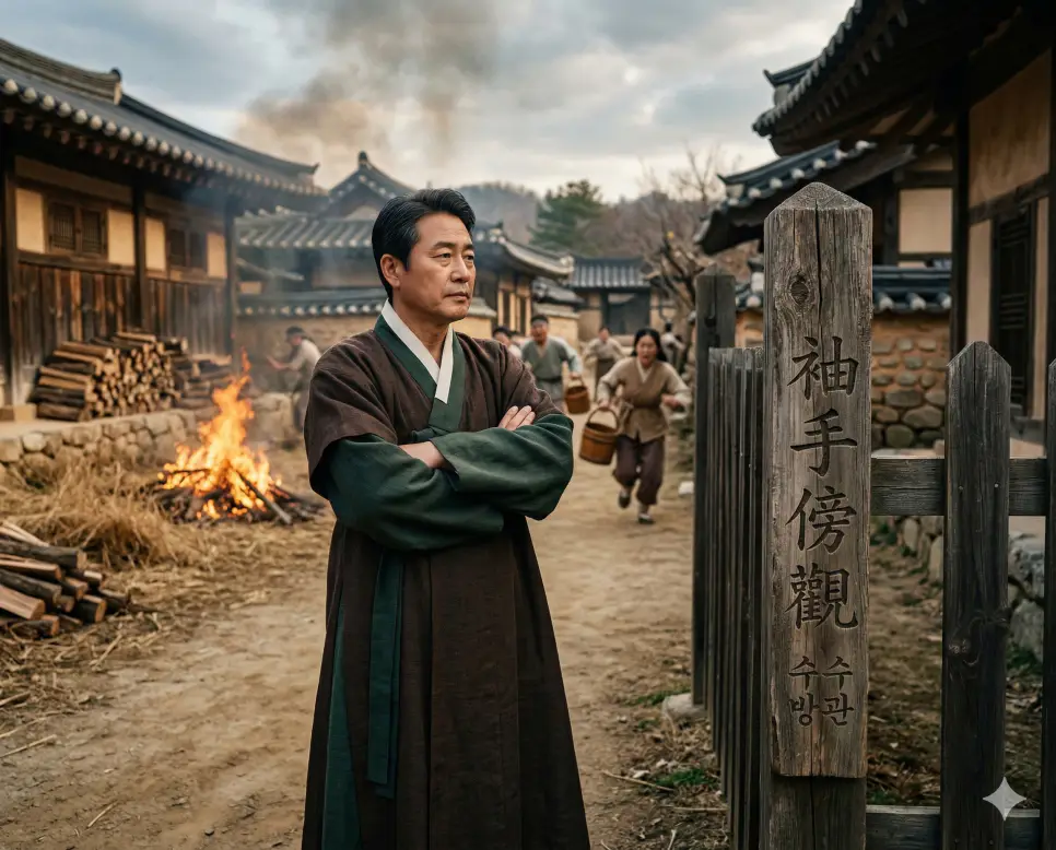 수수방관(袖手傍觀) 뜻 – 소매에 손을 넣고 곁에서 보기만 함을 의미하며, 마을에 난 불을 팔짱 끼고 구경만 하는 인물의 차갑고 사실적인 이미지