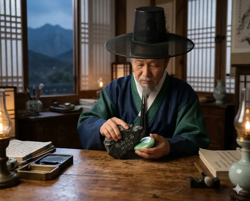 타산지석(他山之石) 뜻 – 다른 산의 돌이라는 뜻으로 남의 잘못에서도 자신을 닦는 교훈을 얻음을 의미하는 사실적 이미지