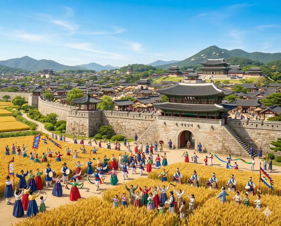 태평성대(太平聖代) 뜻 – 어진 임금이 다스려 평화로운 세상을 의미하며, 풍요롭고 즐거운 왕국의 모습을 담은 사실적 이미지