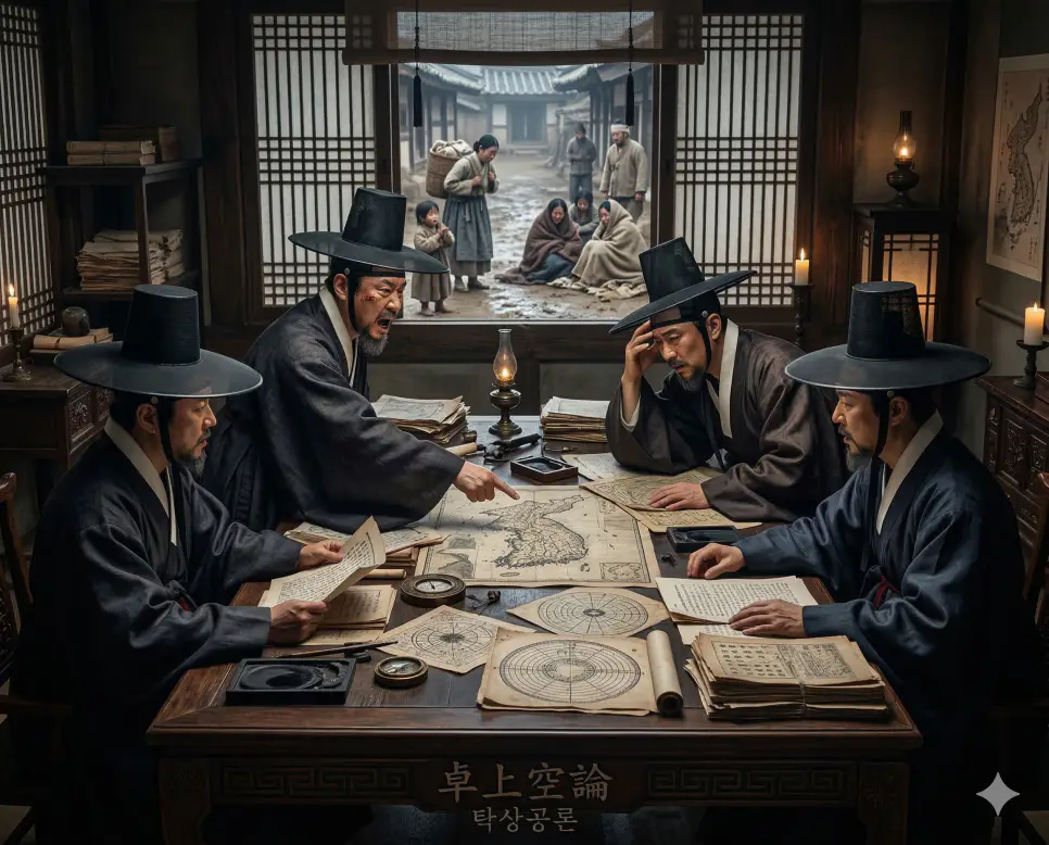 탁상공론(卓上空論) 뜻 – 탁자 위에서만 벌이는 헛된 논의라는 뜻으로 현실성 없는 이론만을 고집함을 비판하는 사실적 이미지
