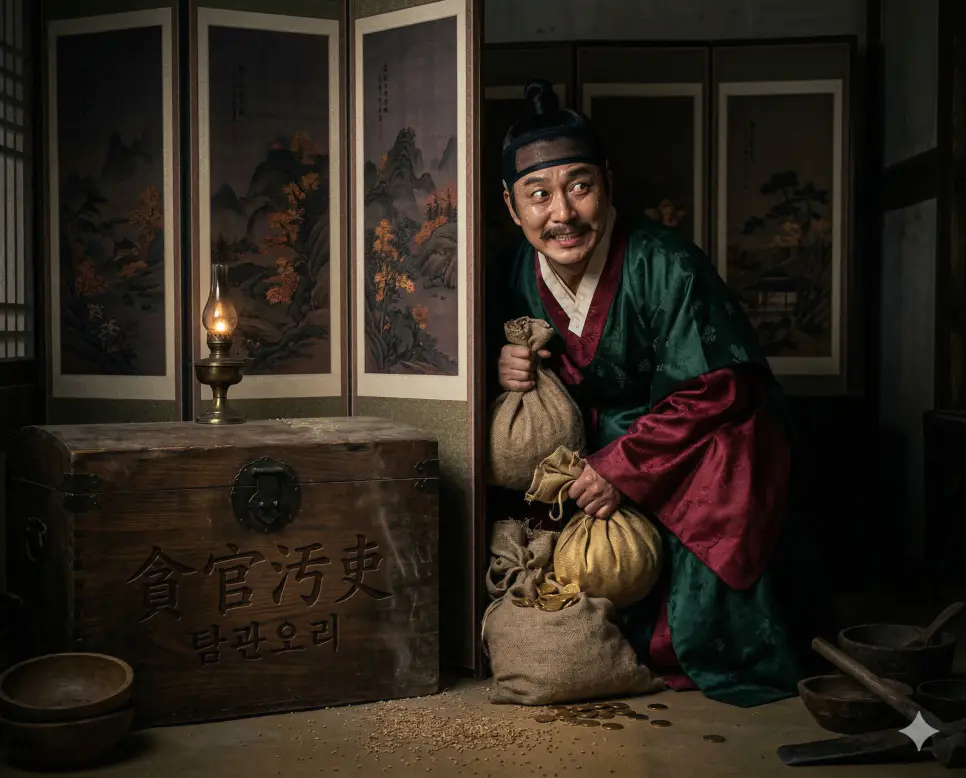 탐관오리(貪官汚吏) 뜻 – 백성의 재물을 탐하여 챙기는 부패한 관리를 의미하며, 몰래 재물을 숨기는 관리의 사실적 이미지