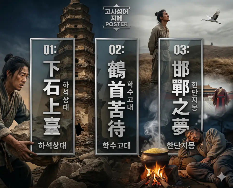 하석상대, 학수고대, 한단지몽의 뜻과 핵심을 담은 세련된 영화 포스터 스타일의 고사성어 인포그래픽