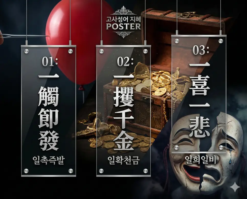 일촉즉발, 일확천금, 일희일비의 뜻과 핵심을 담은 세련된 영화 포스터 스타일의 고사성어 인포그래픽