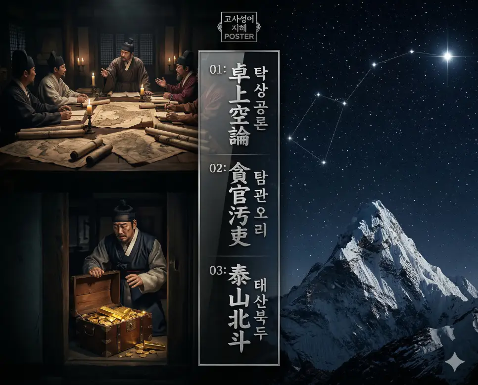 탁상공론, 탐관오리, 태산북두의 뜻과 핵심을 담은 세련된 영화 포스터 스타일의 고사성어 인포그래픽