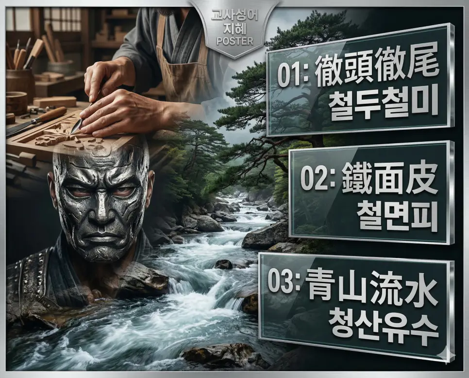 철두철미, 철면피, 청산유수의 뜻과 핵심을 담은 세련된 영화 포스터 스타일의 고사성어 인포그래픽