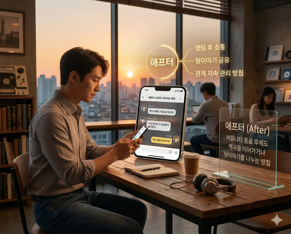 일상 뜻, 애프터 뜻, 재탕 뜻: 평범한 소통과 엔딩 후 관계 및 서사 재활용 완벽 정리 2 애프터 뜻을 통해 커뮤니티 공식 일정이 종료된 뒤에도 캐릭터의 뒷이야기를 나누며 관계를 지속하는 한국의 소통 관리 방침을 시각화한 실사 이미지