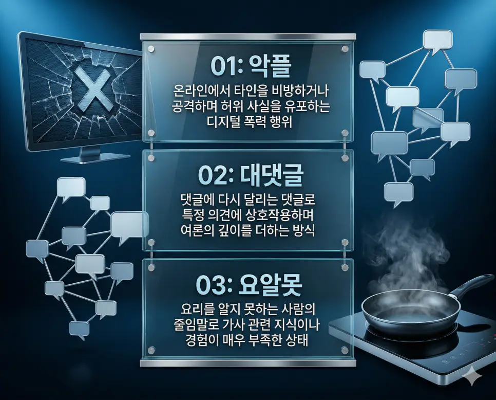 악플 뜻, 대댓글 뜻, 요알못 뜻: 디지털 폭력과 소통의 확장 및 가사 문외한 완벽 정리 4 악플, 대댓글, 요알못 뜻의 정의와 디지털 비방 행위, 댓글 상호작용, 요리 문외한 지침의 핵심 내용을 정리한 영화 포스터 스타일 인포그래픽