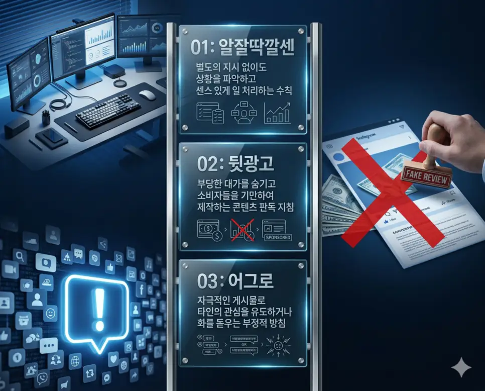 알잘딱깔센 뜻, 뒷광고 뜻, 어그로 뜻: 센스 있는 일 처리와 기만 및 도발 완벽 정리 4 알잘딱깔센, 뒷광고, 어그로 뜻의 정의와 센스 있는 일 처리, 광고 기만 행위, 도발적 관심 유도의 핵심 내용을 정리한 영화 포스터 스타일 인포그래픽