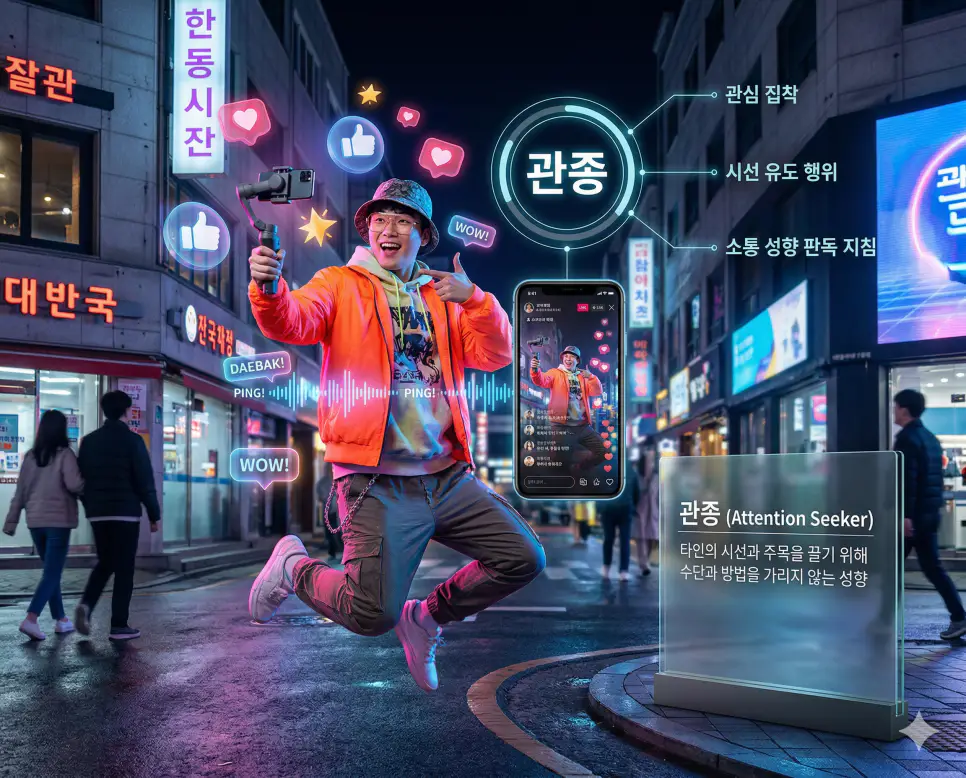 내돈내산 뜻, 관종 뜻, 에겐남 뜻: 정직한 후기와 관심 집착 및 예의 바른 남자 완벽 정리 2 관종 뜻을 통해 타인의 시선과 주목을 끌기 위해 수단과 방법을 가리지 않는 관심 집착 성향 판독 지침을 디지털 거리 문화로 시각화한 실사 이미지