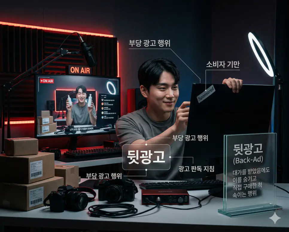 알잘딱깔센 뜻, 뒷광고 뜻, 어그로 뜻: 센스 있는 일 처리와 기만 및 도발 완벽 정리 2 뒷광고 뜻을 통해 광고 대가를 받았음에도 이를 숨기고 직접 구매한 척 속이는 부당한 광고 행위 판독 지침을 시각화한 실사 이미지