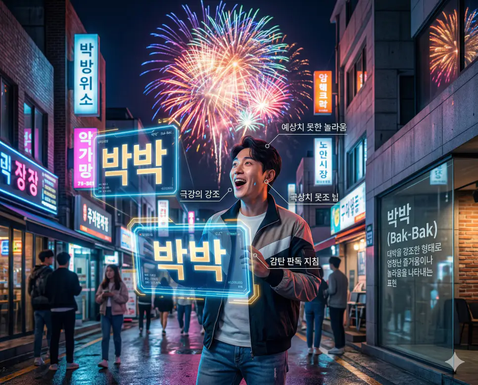 밈 뜻, 박박 뜻, 반신 뜻: 문화적 복제와 극강의 강조 및 관계의 반전 완벽 정리 2 박박 뜻을 통해 예상치 못한 놀라움이나 엄청난 즐거움을 나타내는 극강의 강조 감탄 판독 지침을 실사 스타일로 시각화한 이미지