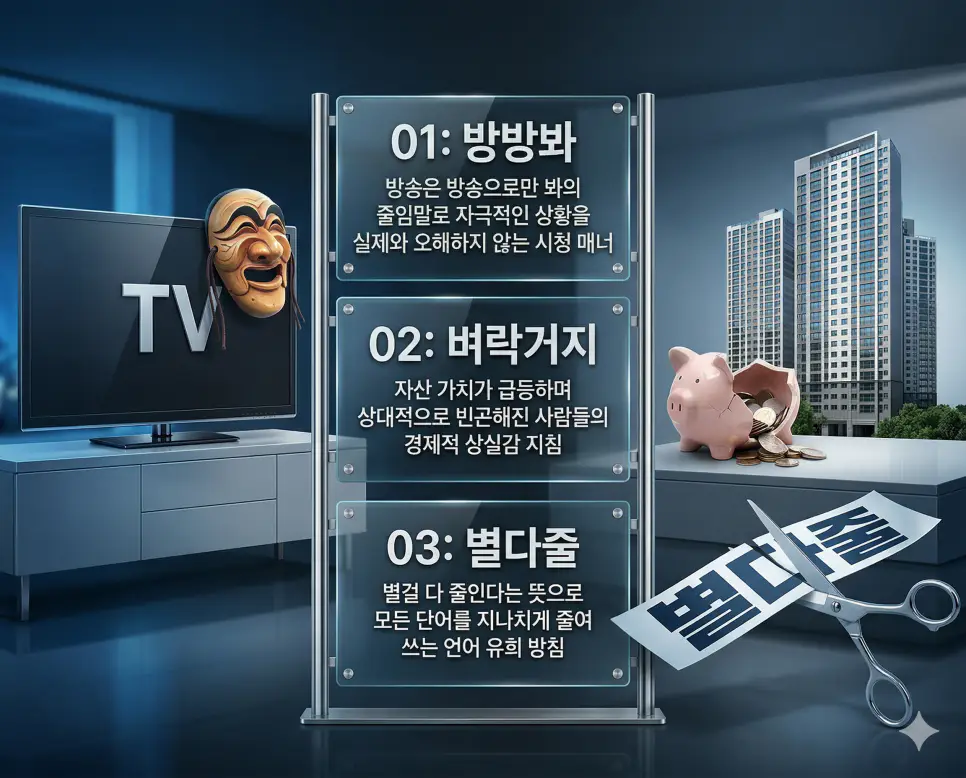 방방봐, 벼락거지, 별다줄 뜻의 정의와 방송적 허용 매너, 자산 격차 소외 상태, 축약어 유희의 핵심 내용을 정리한 영화 포스터 스타일 인포그래픽