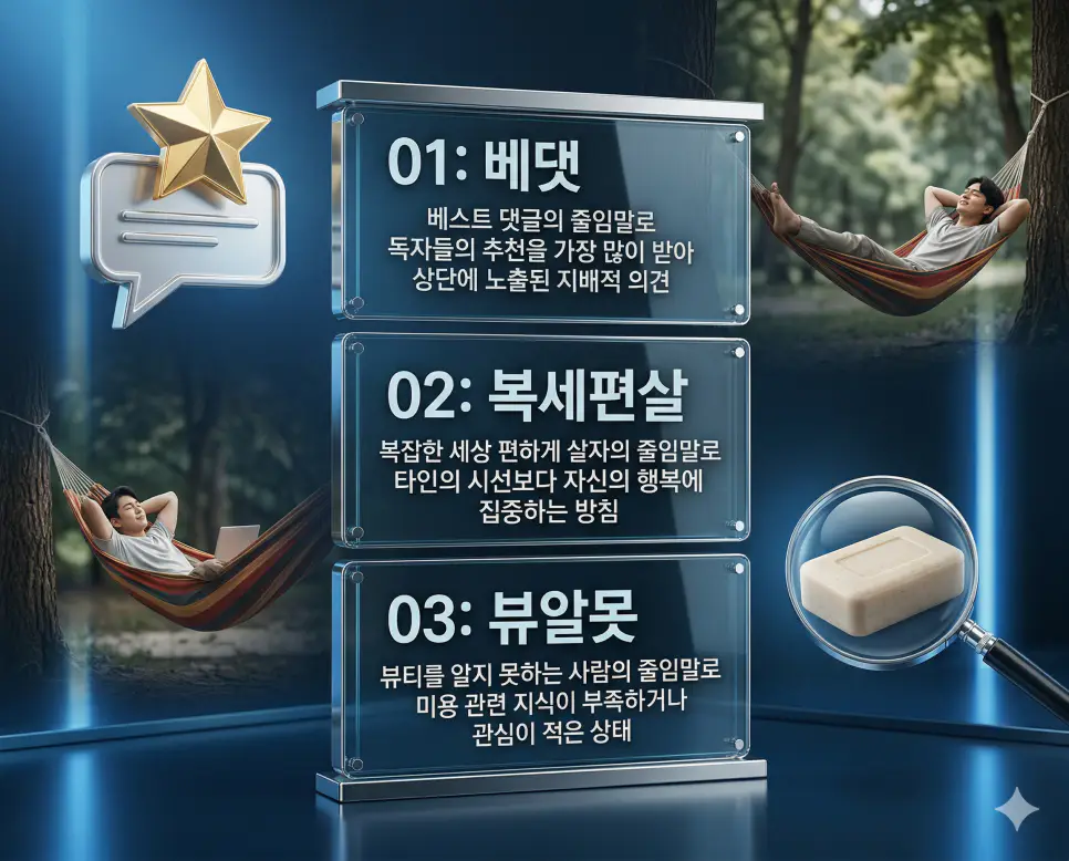 베댓, 복세편살, 뷰알못 뜻의 정의와 여론의 중심 의견, 주체적 평온 상태, 미적 문외한 지침의 핵심 내용을 정리한 영화 포스터 스타일 인포그래픽