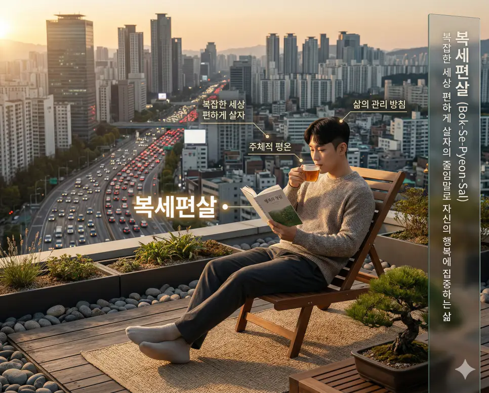 복세편살 뜻을 통해 복잡한 세상에서 타인의 시선에 얽매이지 않고 자신의 행복에 집중하는 삶의 관리 방침을 시각화한 실사 이미지