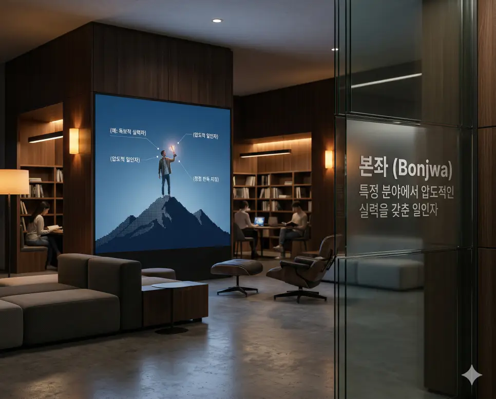 신조어 본좌 뜻을 통해 특정 분야에서 압도적인 실력을 갖춘 독보적 일인자 모습을 한국의 실력 판독 문화로 시각화한 사실적인 사진 이미지