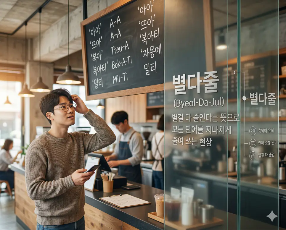 별다줄 뜻을 통해 일상의 모든 단어를 지나치게 줄여 쓰는 현상을 재치 있게 표현한 언어 소통 관리 방침 실사 이미지
