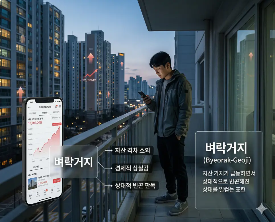 벼락거지 뜻을 통해 자산 가치 급등으로 상대적 빈곤을 느끼는 사람들의 경제적 상실감 판독 지침을 시각화한 실사 이미지