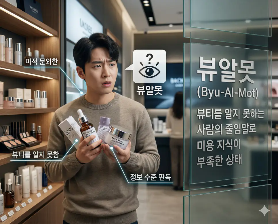 뷰알못 뜻을 통해 미용 관련 지식이 부족하거나 관심이 적은 상태를 나타내는 정보 수준 판독 수칙을 시각화한 실사 이미지