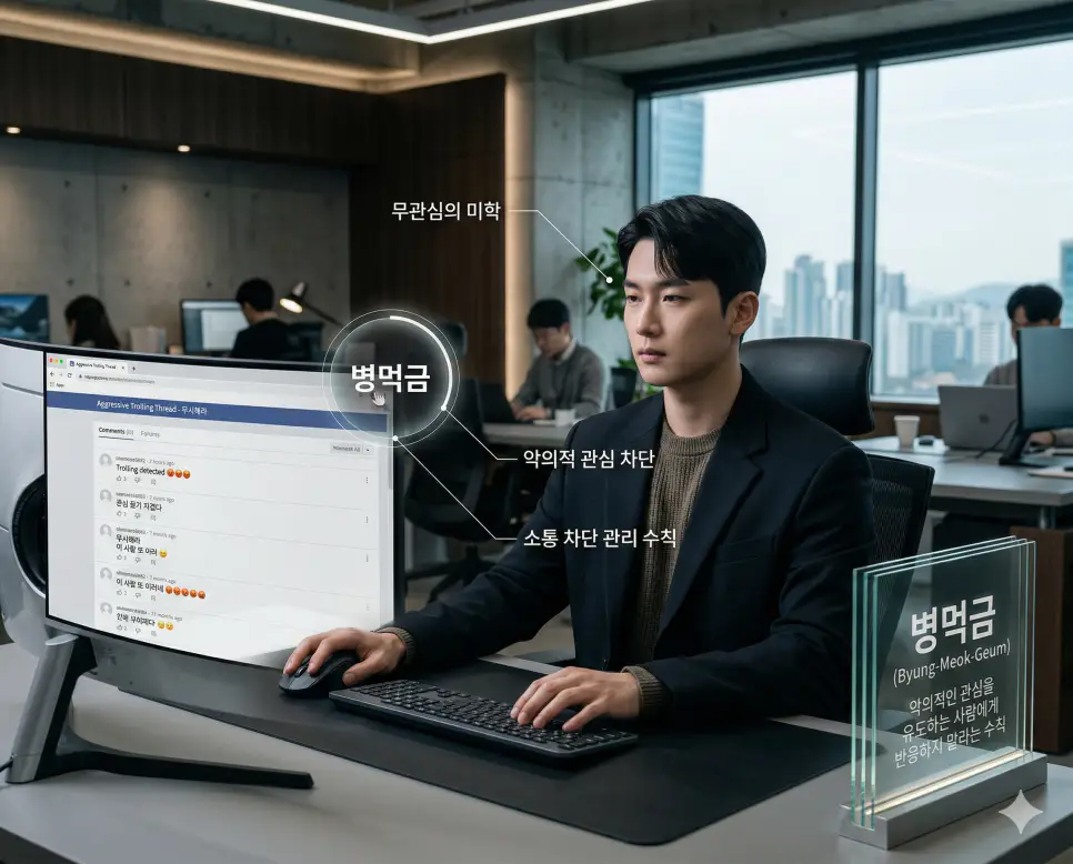 병먹금 뜻을 통해 악의적인 관심을 유도하는 사람에게 반응하지 않는 무관심의 미학과 소통 차단 수칙을 시각화한 실사 이미지