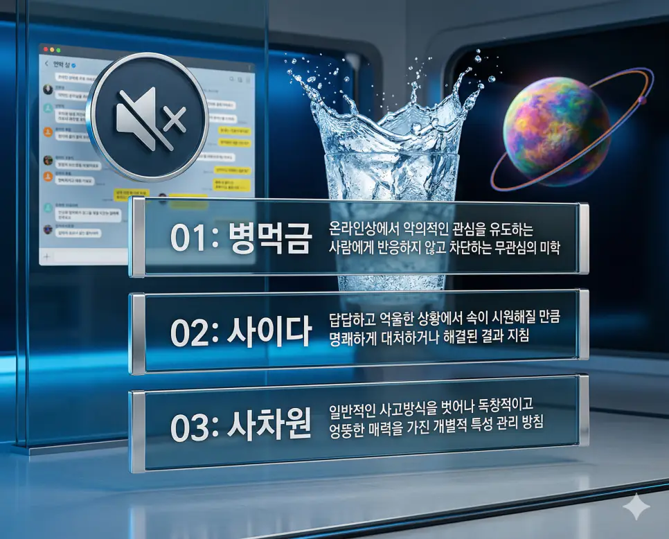 병먹금, 사이다, 사차원 뜻의 정의와 무관심의 미학, 명쾌한 상황 해소, 독특한 개성 수칙의 핵심 내용을 정리한 영화 포스터 스타일 인포그래픽