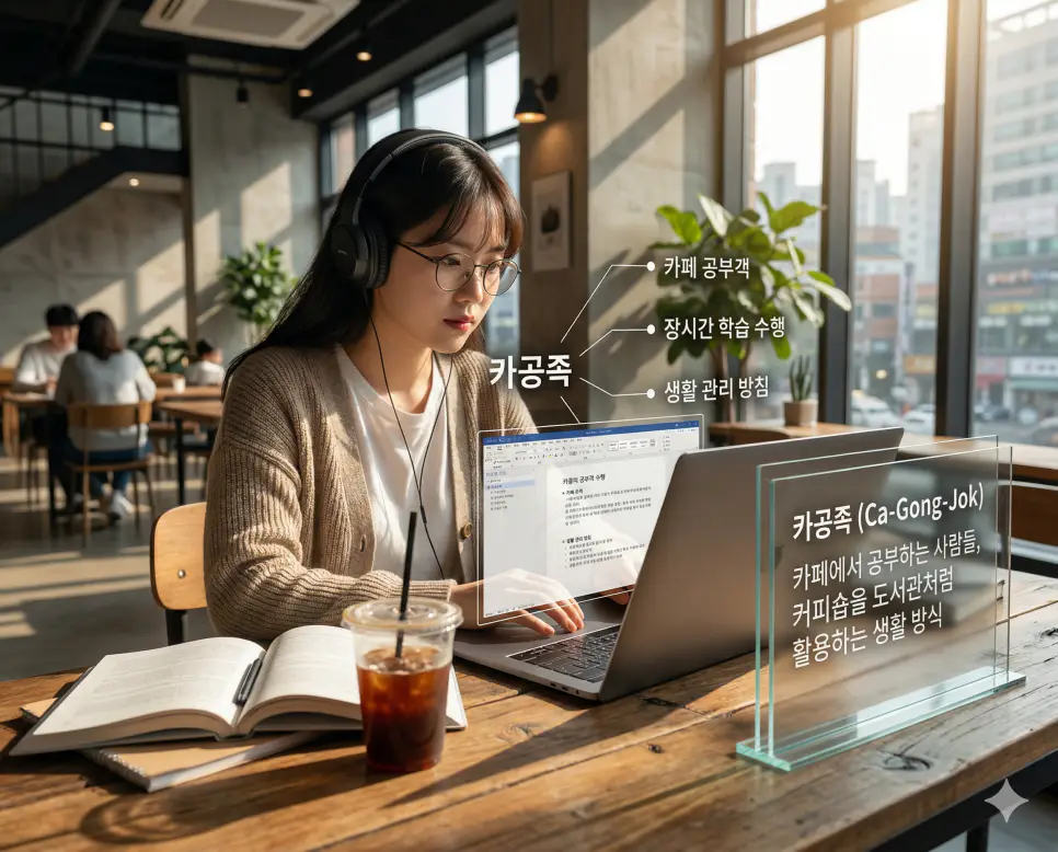 고스팅 뜻, 카공족 뜻, 글루미 뜻: 관계 증발과 카페 공부객 및 꽃 같은 미모 완벽 정리 2 카공족 뜻을 통해 카페를 도서관처럼 활용하며 장시간 업무나 학습을 수행하는 생활 관리 방침을 시각화한 실사 이미지