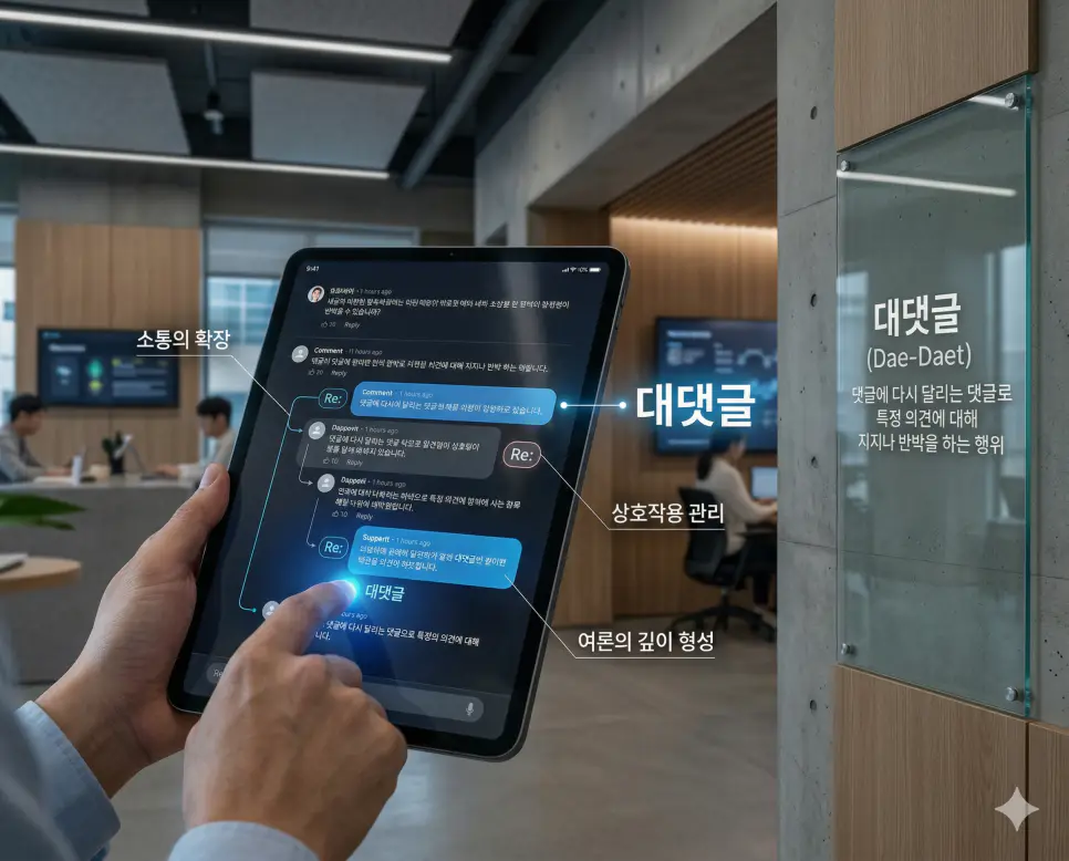 악플 뜻, 대댓글 뜻, 요알못 뜻: 디지털 폭력과 소통의 확장 및 가사 문외한 완벽 정리 2 대댓글 뜻을 통해 댓글에 다시 달리는 댓글로 상호작용하며 여론의 깊이를 더하는 소통 확장 관리 방침을 시각화한 실사 이미지