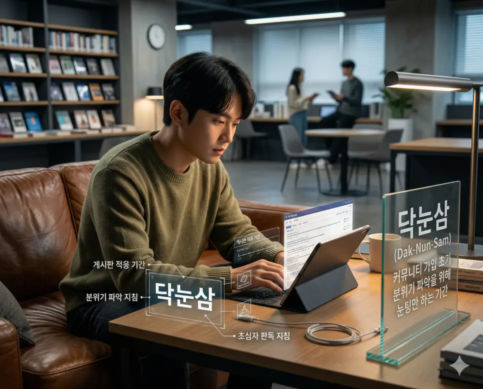 무물보 뜻, 닥눈삼 뜻, 대장주 뜻: 무엇이든 물어보살과 게시판 적응 및 주도 종목 정리 2 닥눈삼 뜻을 통해 특정 커뮤니티에 가입했을 때 분위기와 규칙을 파악하기 위해 지켜보는 초심자 판독 지침을 시각화한 실사 이미지