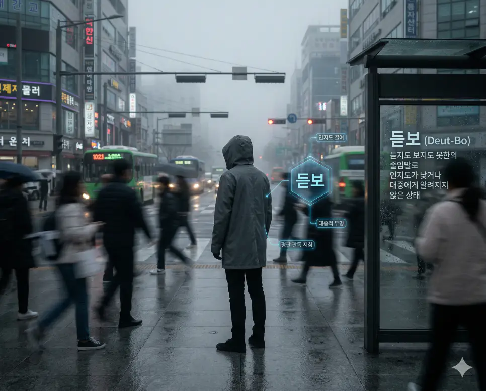 듣보 뜻, 요아정 뜻, 짤 뜻: 인지도 결여와 미식의 조합 및 시각적 소통 정리 1 듣보 뜻을 통해 인지도가 낮거나 대중에게 알려지지 않은 무명의 상태와 평판 판독 지침을 시각화한 도시 거리 실사 이미지