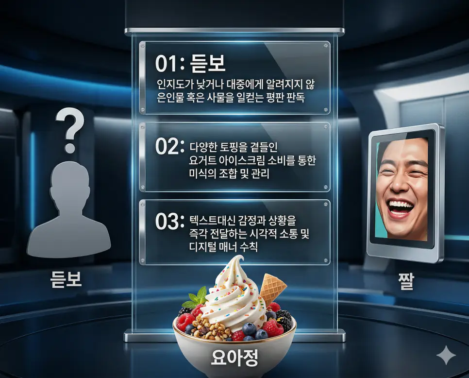듣보 뜻, 요아정 뜻, 짤 뜻: 인지도 결여와 미식의 조합 및 시각적 소통 정리 4 듣보, 요아정, 짤 뜻의 정의와 인지도 결여, 미식의 조합, 시각적 소통 핵심 내용을 정리한 영화 포스터 스타일 인포그래픽