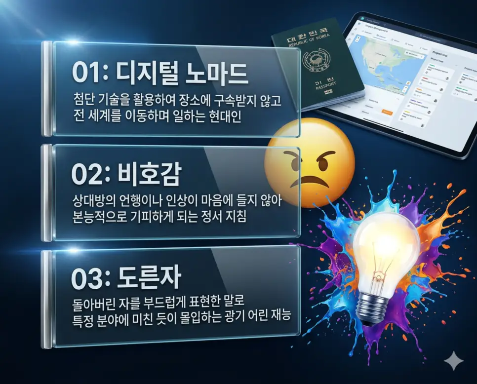 디지털 노마드 뜻, 비호감 뜻, 도른자 뜻: 유목민적 일터와 거부감 및 광기 어린 재능 완벽 정리 4 디지털 노마드, 비호감, 도른자 뜻의 정의와 유목민적 일터, 거부감 유발 상태, 광기 어린 재능의 핵심 내용을 정리한 영화 포스터 스타일 인포그래픽