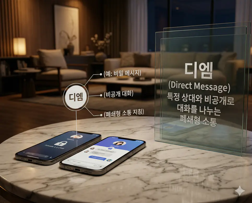 멘션 뜻, 해시태그 뜻, 디엠 뜻: 지목과 분류 및 비밀 메시지 완벽 정리 3 디엠 뜻을 통해 공개되지 않은 개인 채널에서 특정 상대와 비공개로 대화하는 폐쇄형 소통 지침을 시각화한 실사 이미지