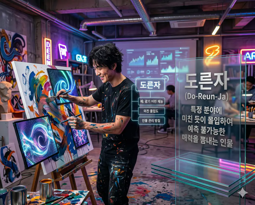 디지털 노마드 뜻, 비호감 뜻, 도른자 뜻: 유목민적 일터와 거부감 및 광기 어린 재능 완벽 정리 3 도른자 뜻을 통해 특정 분야에 미친 듯이 몰입하여 예측 불가능한 매력을 뽐내는 광기 어린 재능을 가진 인물을 시각화한 실사 이미지
