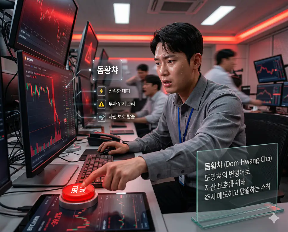 돔황챠 뜻, 득템 뜻, 딸배 뜻: 신속한 대피와 아이템 획득 및 배달 종사자 비유 정리 1 돔황챠 뜻을 통해 자산을 보호하기 위해 급락이 예상될 때 즉시 매도하고 탈출하는 한국의 투자 위기 관리 수칙을 시각화한 실사 이미지
