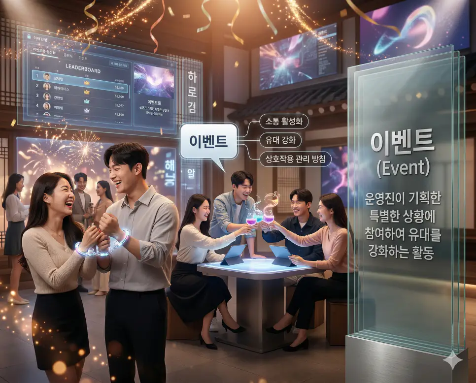 선점 뜻, 오너 뜻, 이벤트 뜻: 권리 확보와 실질적 주체 및 소통 활성화 완벽 정리 3 이벤트 뜻을 통해 특별한 상황에 참여하여 캐릭터 간의 유대를 강화하는 한국의 소통 활성화 및 상호작용 관리 방침을 시각화한 실사 이미지