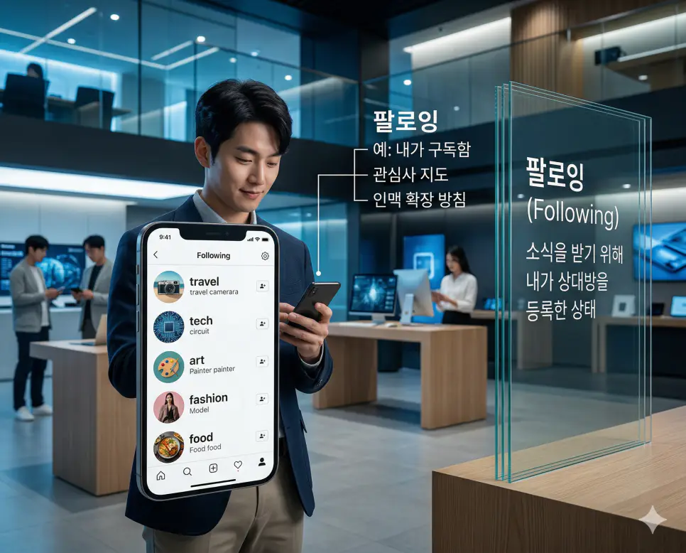 팔로잉 뜻을 통해 소식을 받아보기 위해 내가 상대방을 등록한 상태와 관심사 지도를 한국의 인맥 확장 문화로 시각화한 실사 이미지