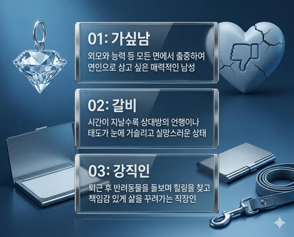 가싶남 뜻, 갈비 뜻, 강직인 뜻: 소유하고 싶은 남성과 비호감 및 반려견 직장인 정리 4 가싶남, 갈비, 강직인 뜻의 정의와 소유하고 싶은 남성, 갈수록 비호감인 상태, 반려견 키우는 직장인의 핵심 내용을 정리한 영화 포스터 스타일 인포그래픽