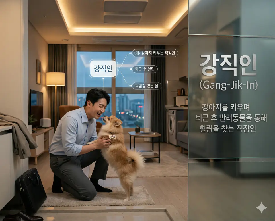 가싶남 뜻, 갈비 뜻, 강직인 뜻: 소유하고 싶은 남성과 비호감 및 반려견 직장인 정리 3 강직인 뜻을 통해 퇴근 후 반려동물을 돌보며 힐링을 찾고 책임감 있게 삶을 꾸려가는 한국의 현대인 생활 관리 수칙을 시각화한 실사 이미지