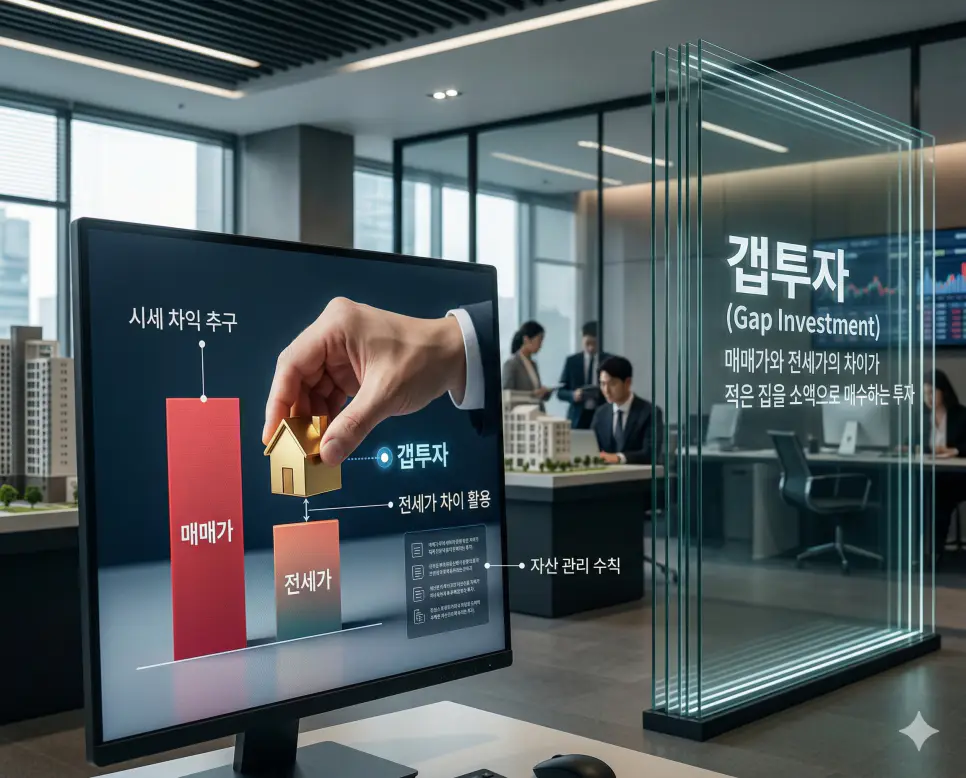 갭투자 뜻, 고나리질 뜻, 팽당하다 뜻: 시세 차익 추구와 부당한 간섭 및 토사구팽 완벽 정리 1 갭투자 뜻을 통해 매매 가격과 전세 가격의 차이가 적은 집을 소액 자본으로 매수하여 이득을 얻으려는 한국의 부동산 자산 관리 수칙을 시각화한 실사 이미지