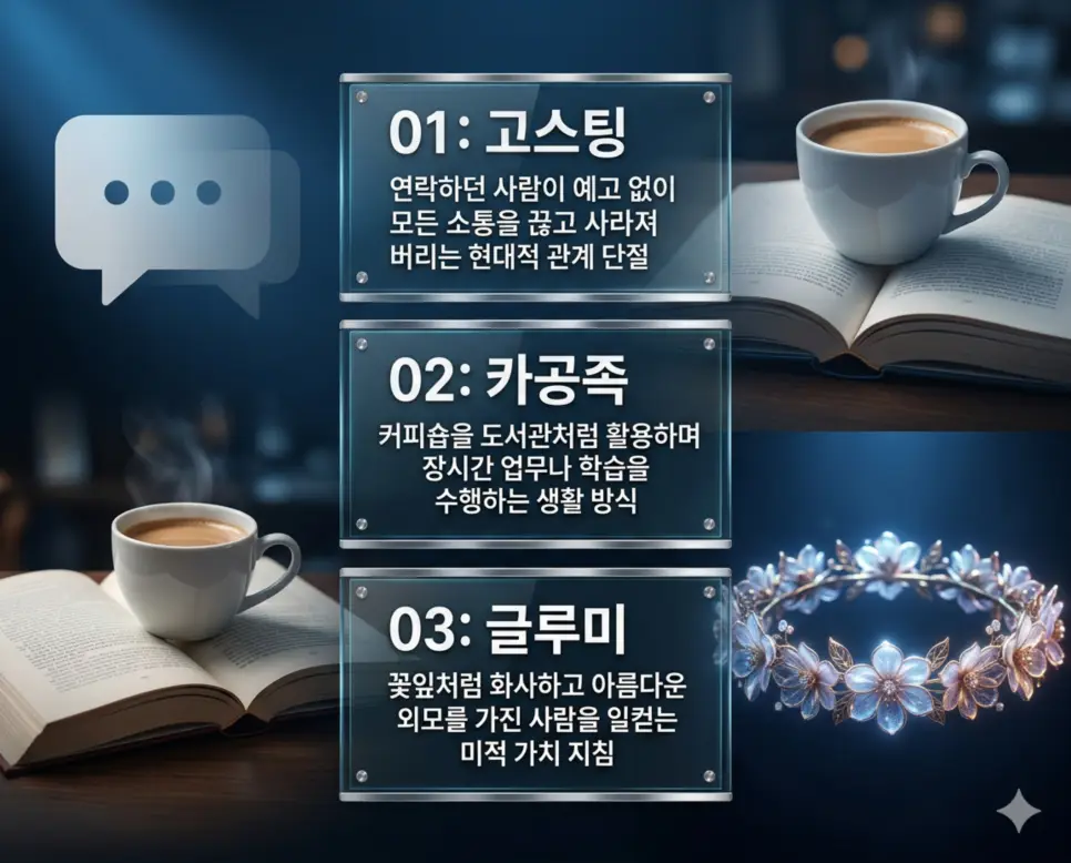 고스팅 뜻, 카공족 뜻, 글루미 뜻: 관계 증발과 카페 공부객 및 꽃 같은 미모 완벽 정리 4 고스팅, 카공족, 글루미 뜻의 정의와 관계 증발, 카페 공부객, 꽃 같은 미모의 핵심 내용을 정리한 영화 포스터 스타일 인포그래픽