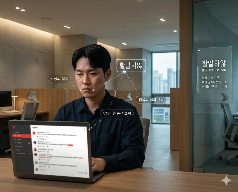 할말하않 뜻, 오조오억 뜻, 배사 뜻: 감정의 절제와 무한한 수량 및 디지털 대문 정리 1 할말하않 뜻을 통해 논쟁 대신 침묵을 선택하는 감정의 절제와 심리 관리 수칙을 시각화한 한국의 일상 실사 이미지