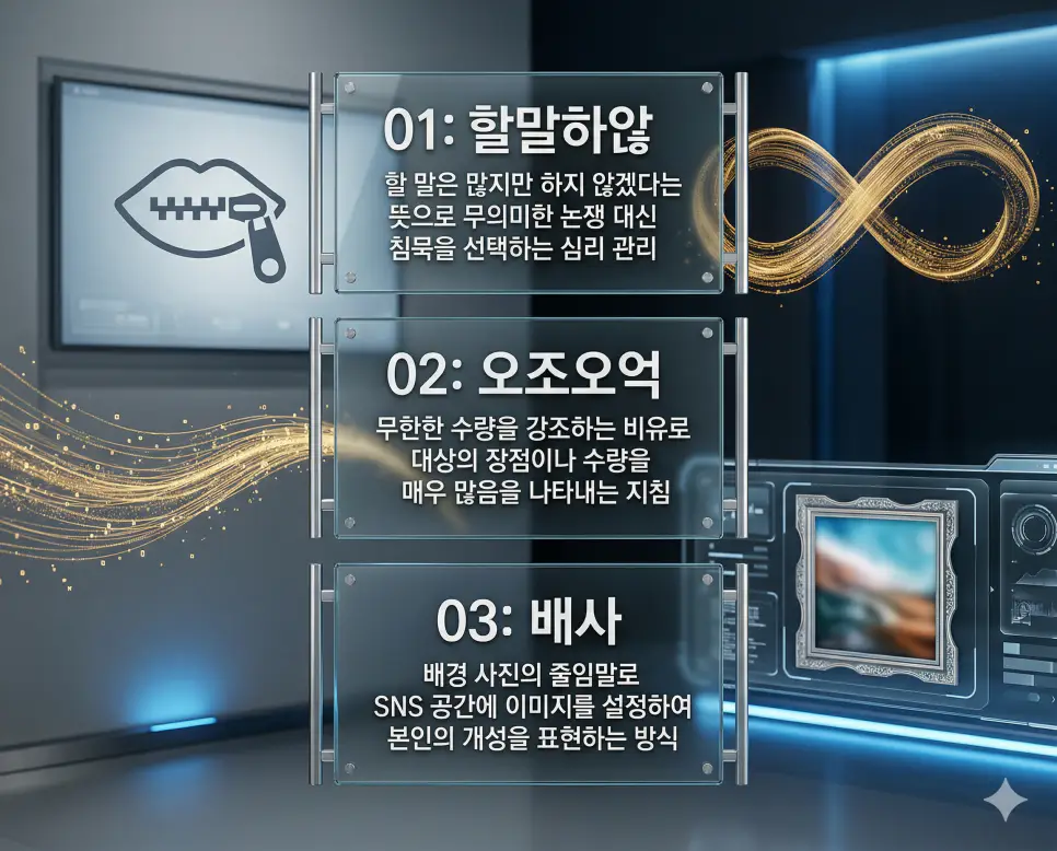 할말하않 뜻, 오조오억 뜻, 배사 뜻: 감정의 절제와 무한한 수량 및 디지털 대문 정리 4 할말하않, 오조오억, 배사 뜻의 정의와 감정 절제 태도, 무한한 수량 표현, 디지털 공간 관리의 핵심 내용을 정리한 영화 포스터 스타일 인포그래픽
