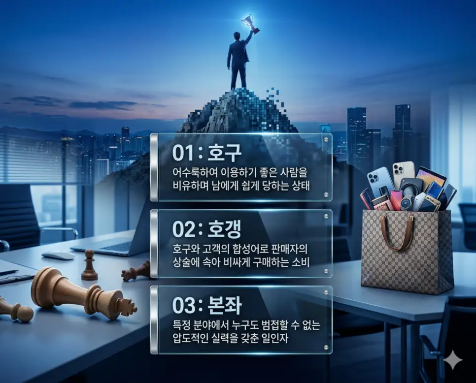 호구, 호갱, 본좌 뜻의 정의와 만만한 대상, 어리숙한 고객, 압도적 일인자의 핵심 내용을 정리한 영화 포스터 스타일 인포그래픽
