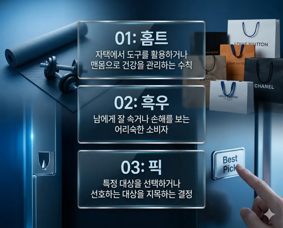 신조어 홈트, 흑우, 픽 뜻의 정의와 자택 운동, 어리숙한 소비자, 선호 대상 지목의 핵심 내용을 정리한 영화 포스터 인포그래픽