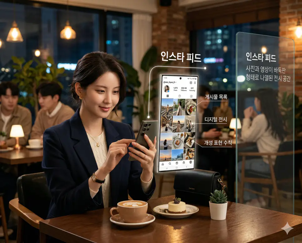 인스타 피드 뜻을 통해 사진과 영상이 바둑판 형태로 나열되어 본인의 개성을 드러내는 한국의 디지털 전시 문화를 실사 스타일로 시각화한 이미지